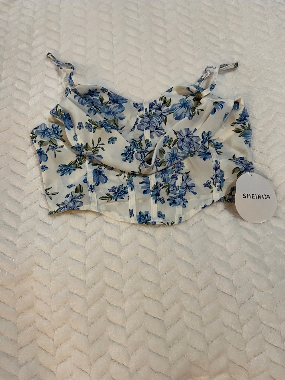 SHEIN vcay White Floral Bustier Crop Top with Blue Flowers